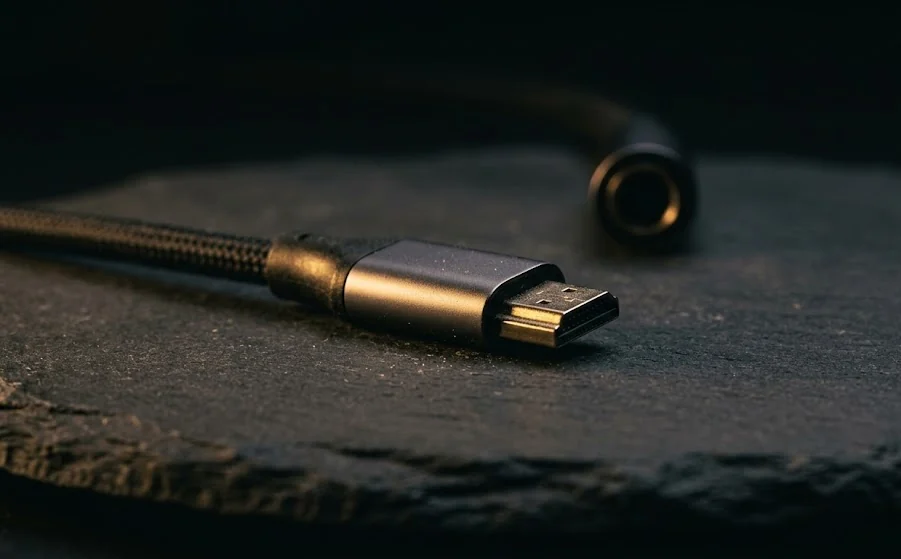 A disconnected cable on dark slate, its connector catching a single warm highlight